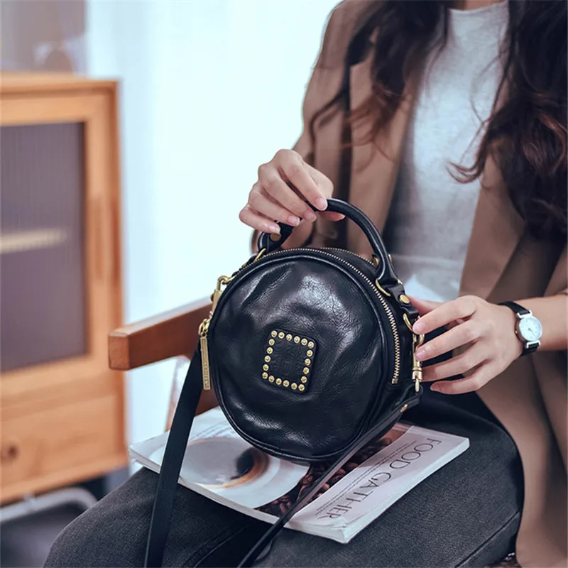 Organizers designers handmade genuine leather ladies' black handbags rivets luxury soft cow leather women's shoulder bags