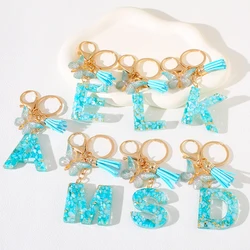Sky blue Alphabet Letter Keychain With butterfly fringe Resin stone Initial Keyring for Women Female girl Backpack pendant A M S