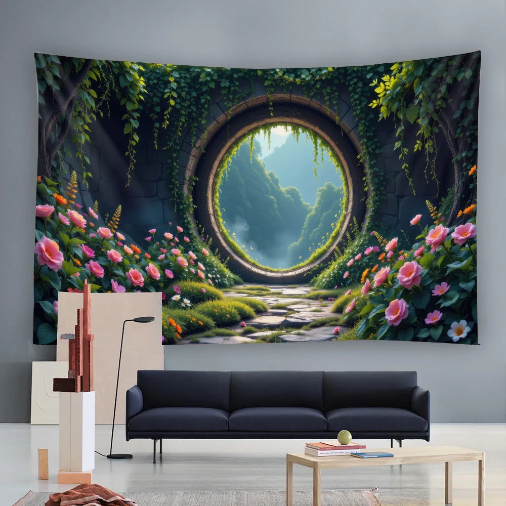 Stone Wall Vine Tapestry Brick Wall Flower Home Decor Hanging Cloth for Living Room Tea Room Background for Live Streaming