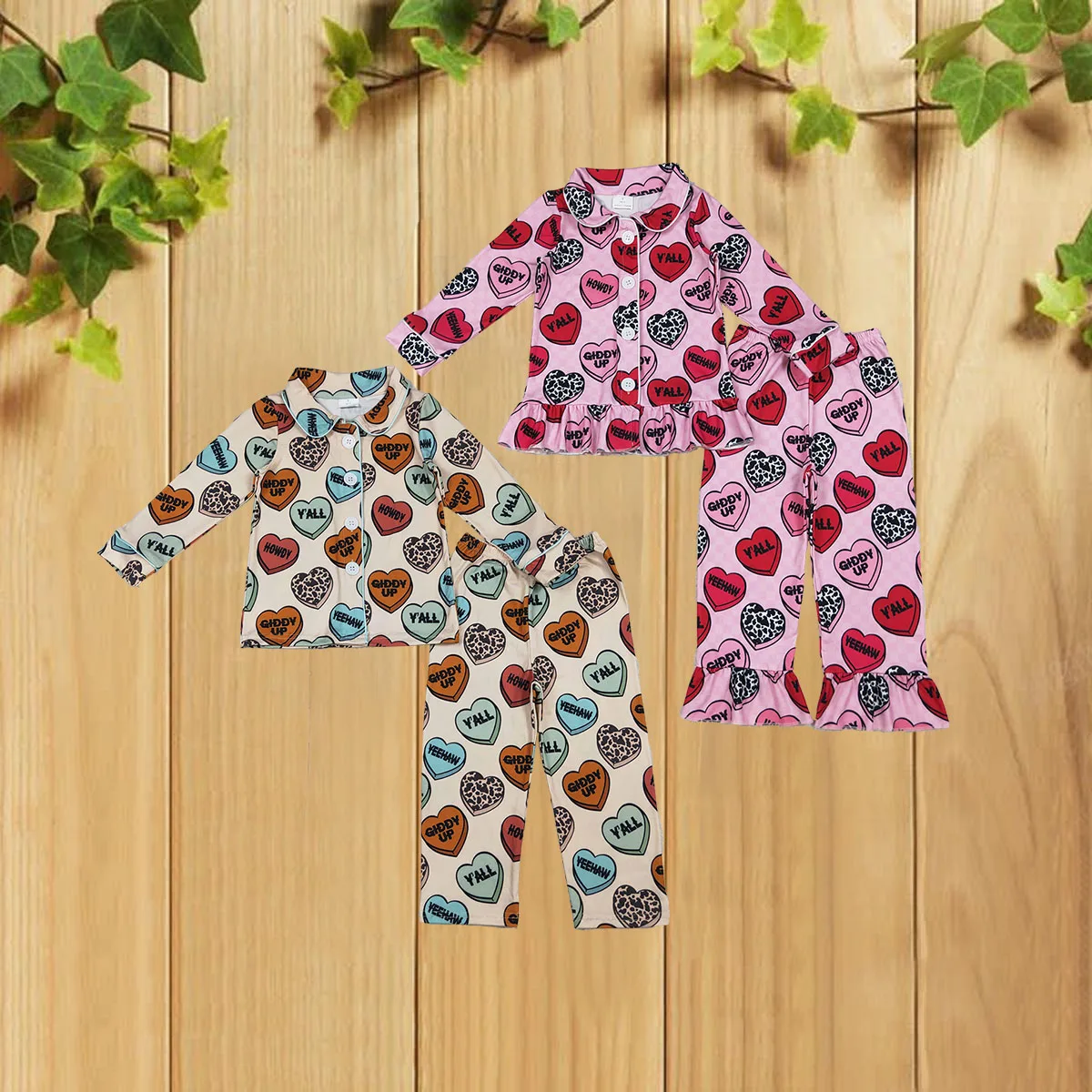 

10.27 Valentine's Day Matching Long Sleeve Long Pants Sleepwear Set for Boys And Girls with Letter Heart Buttons Beige