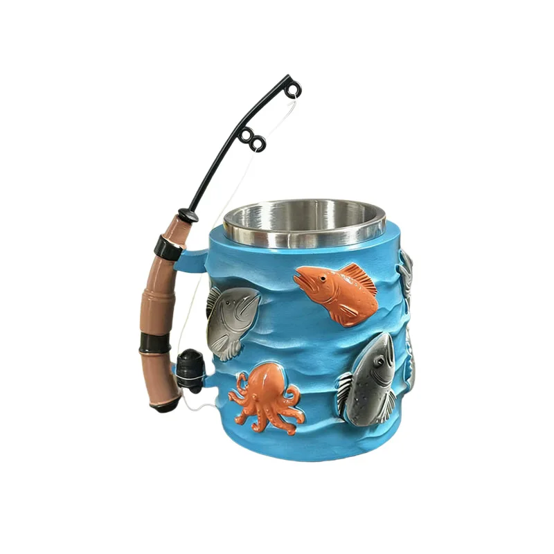 Fishing Mug Resin Ornament, Niche High-end Camping Decor, Creative Fishing Rod Art Craft Statue for Outdoor Desktop