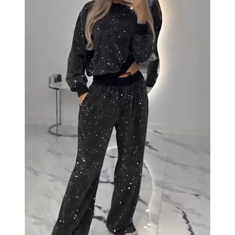 Fashionable Street Style Hoodies Lovers Pant Sets For Women 2024 Autumn Sport Sequined Sweatshirt 2 Piece Sets Women Outfit Y2k