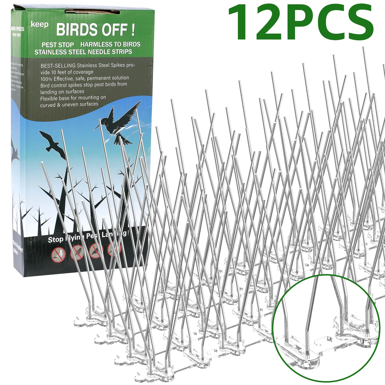 12Pcs Pigeon Spikes Stainless Steel Bird Repeller Set Deterrent Anti Bird Pigeon Squirrel Cats Repellent for Garden Fence Roof