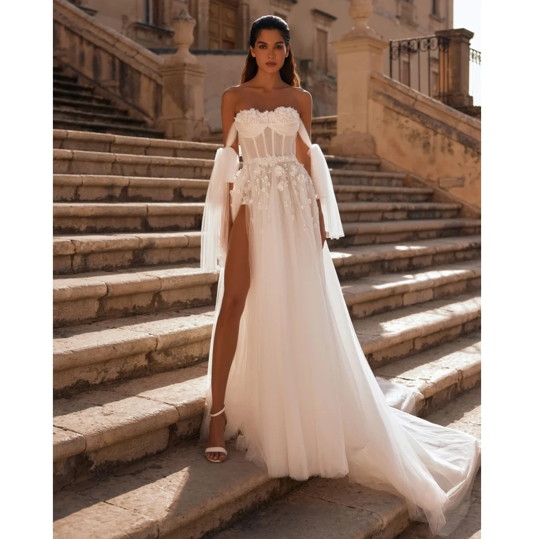 Ivory A Line Wedding Dresses Tulle Bustier Corset Bridal Gown Sweetheart 3D Flowers robe de mariée Customized