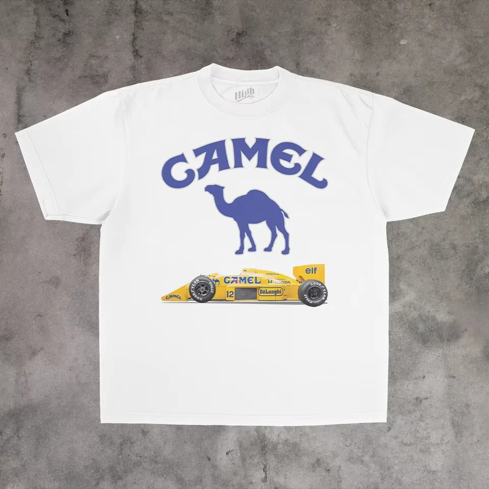 Camiseta clásica de algodón con estampado gráfico de marca Vintage Racing Camel Trendy para hombre y mujer, ropa de calle de verano