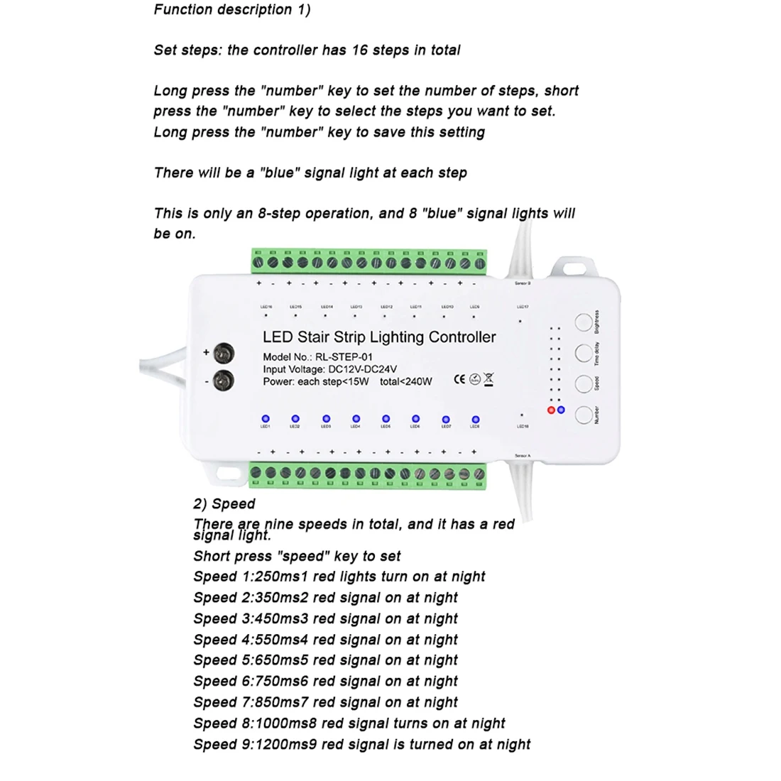 Dimmable Stair LED Controller 16 Channels Dual PIR Motion Sensor Step Light Strip Staircase Controler for Lamp Strip(A)