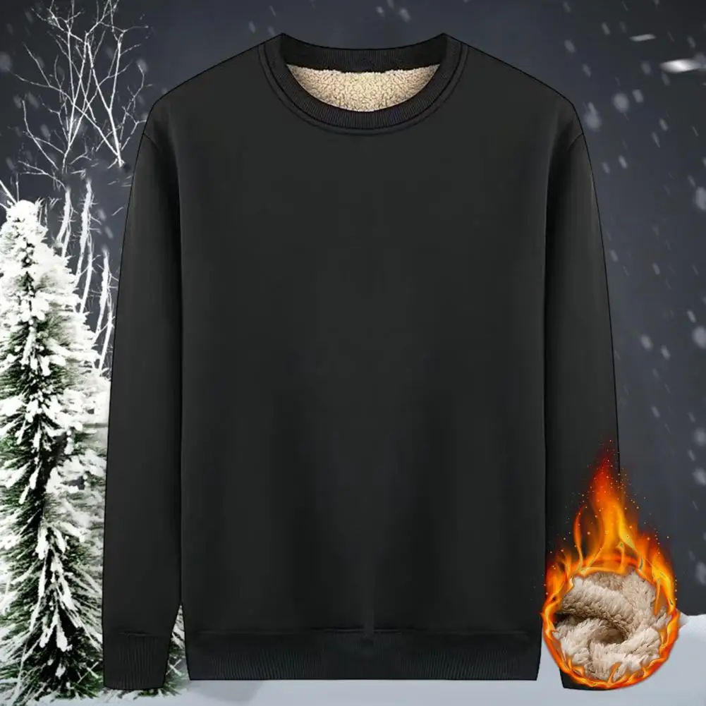 Autumn Winter Men's Sweatshirts Fleece Thick Solid Color Bunched Sleeves Cold-proof Warm Clothes O-neck Loose Top M-3xl