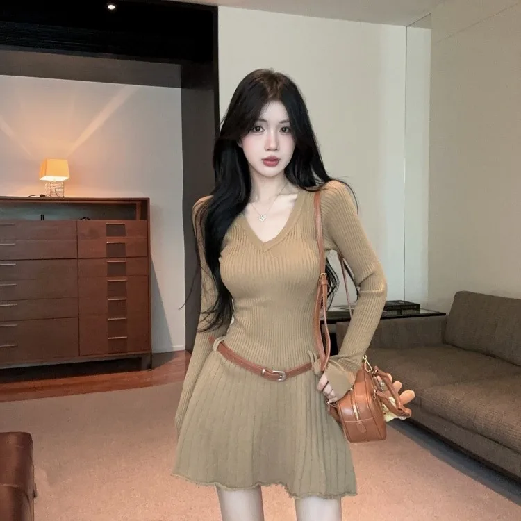 

V-Ne Long Sve Трикотажное платье с поясом Design Sensation Женская мода Осень Зима Новый Sle Модный ор Длина