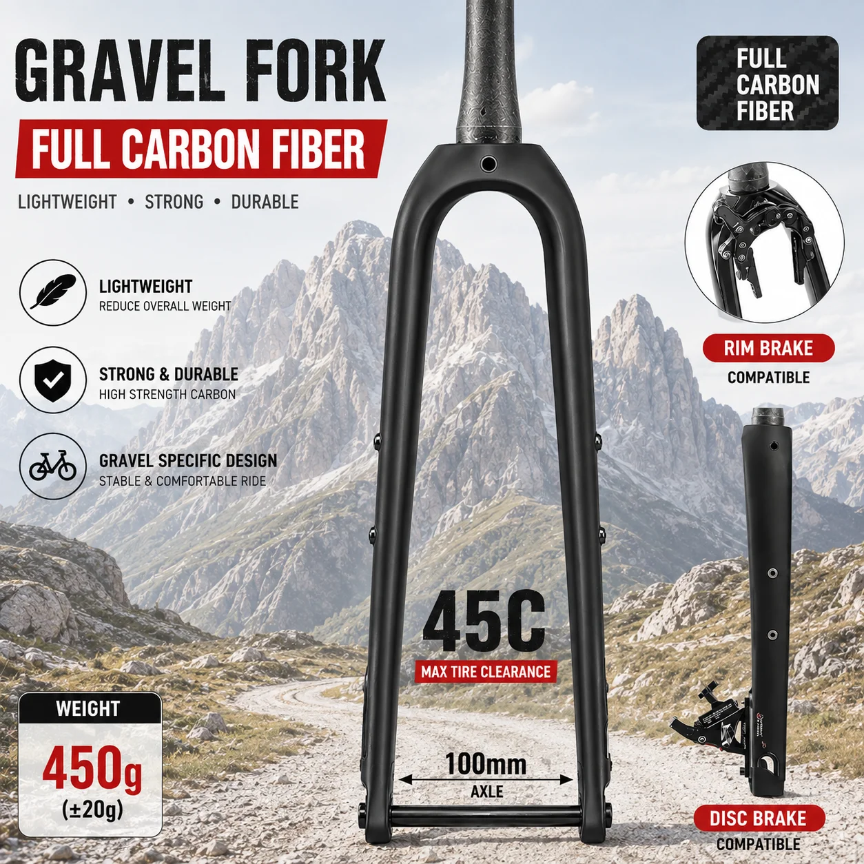 DA Carbon Gravel Fork Internal Cable Routing 450g Full Carbon - T1000 Matte Finish Max 45C Tire Compatible | Gravel Bike Builds