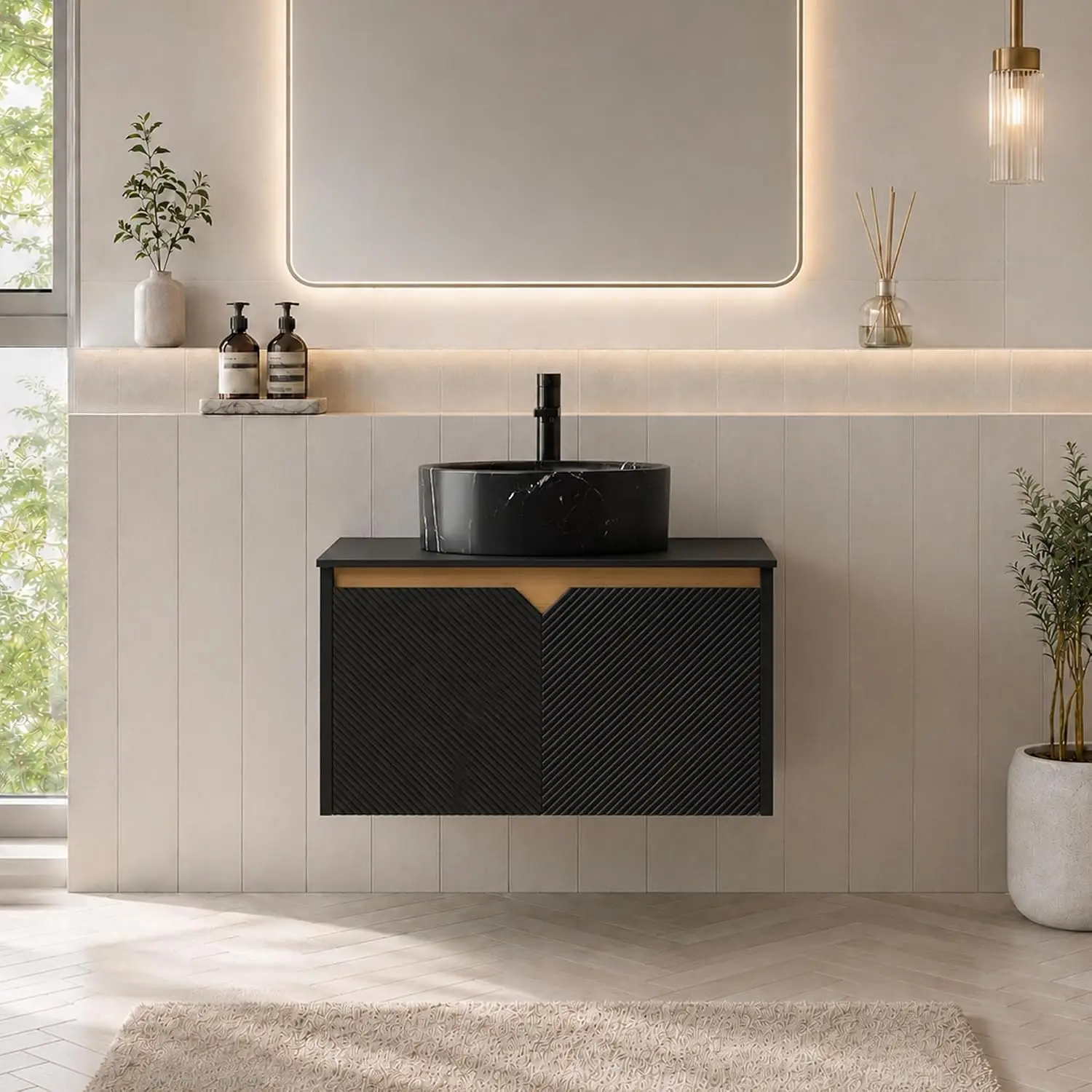 Wall Mounted Modern Vanity Cabinet with Fluted Doors, Black Sintered Stone Top and Black Marble Pattern Vessel Sink, Customized