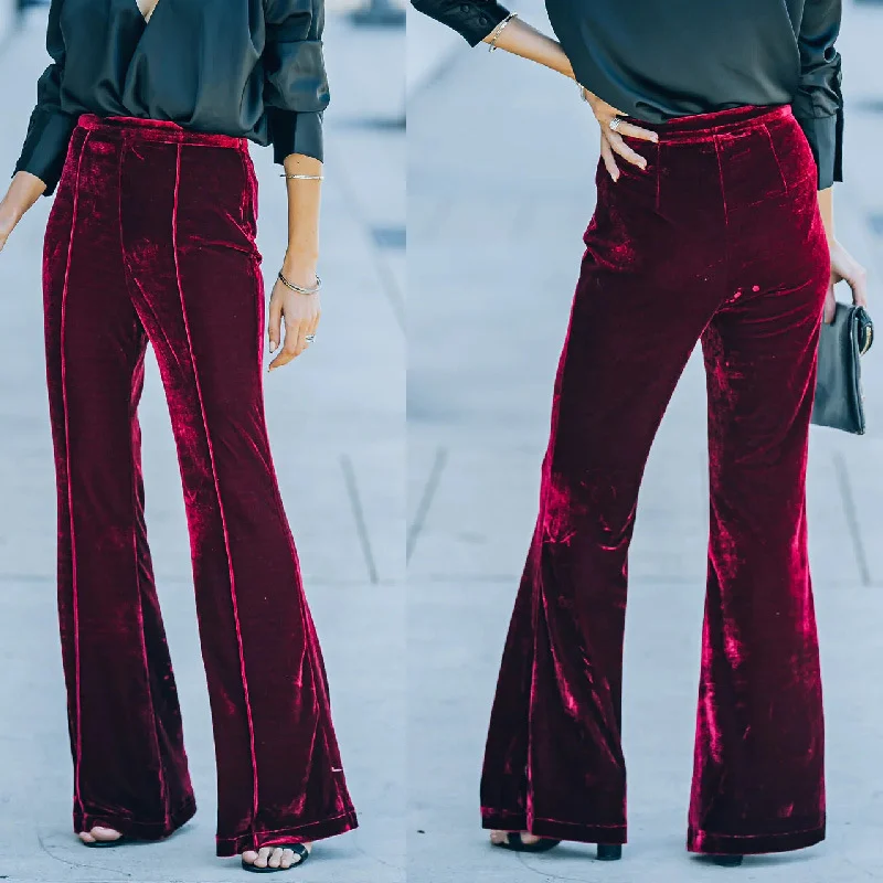 Women’s Velvet High Waist Flared Pants Wide Leg Trousers with Side Stripe Decor Elegant Casual Office Party Bottoms 6 Women's Velvet High Waist Flared Pants Wide Leg Trousers with Side Stripe Decor Elegant Casual Office Party Bottoms 6