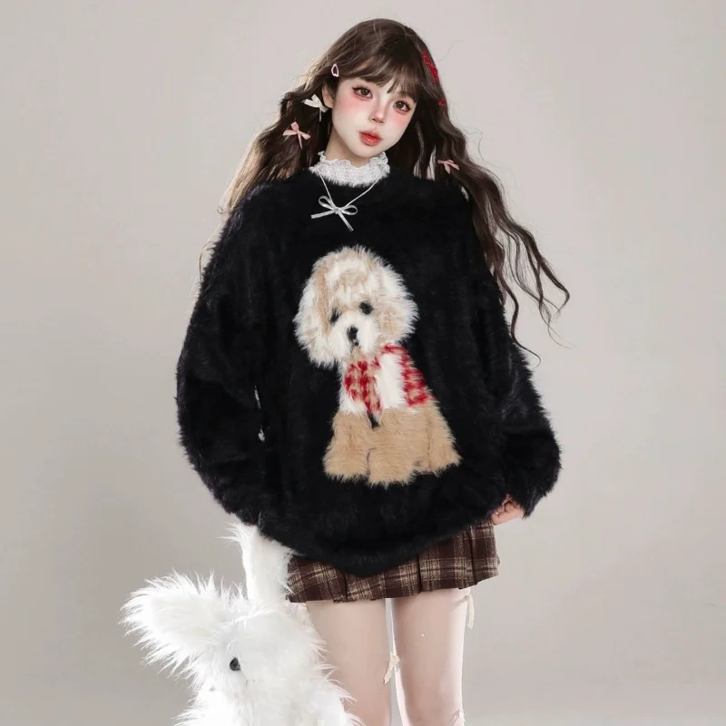 Cartoon Puppy Mink Velvet Sweater for Women Autumn Winter Loose Soft Waxy Lazy Style Mid-length Casual Sweater Top