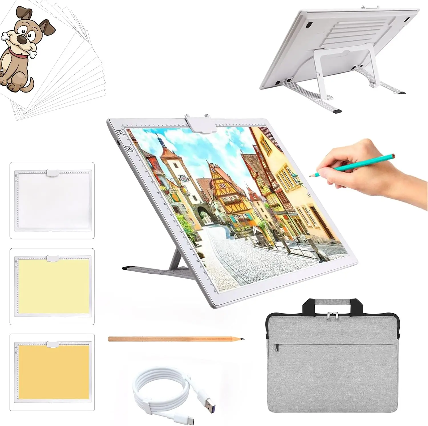 A3 Rechargeable Light Pad with Case, 2500mAh Battery Powered Light Board with Stand and Top Magnetic Clip 3 Colors Stepless Dimmable 6 Levels Brightness Light Box for Diamond Painting (White)