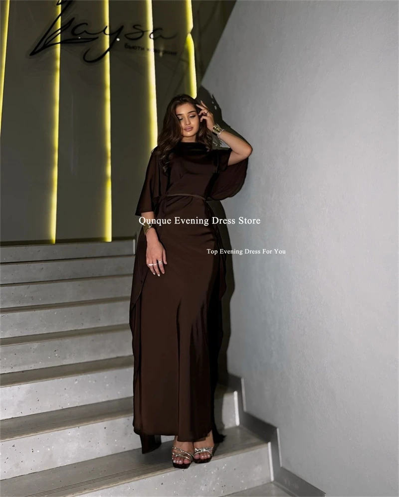 Qunque Dubai Brown Mermaid Evening Dresses With Detachable Belt Vestidos De Graduación Cape Sleeves Party Prom Gowns Customized