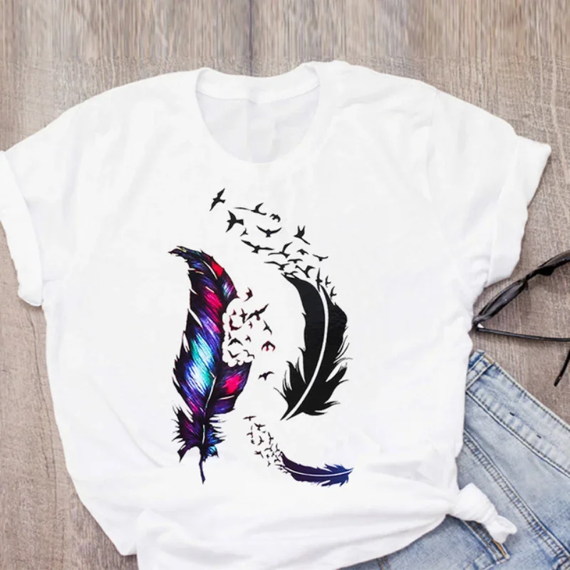 Women's Short Sleeve T Shirt Fashion Feather Print Large Size Leggings Elegant Beautiful Girl Crewneck T-shirts Aesthetic Tops