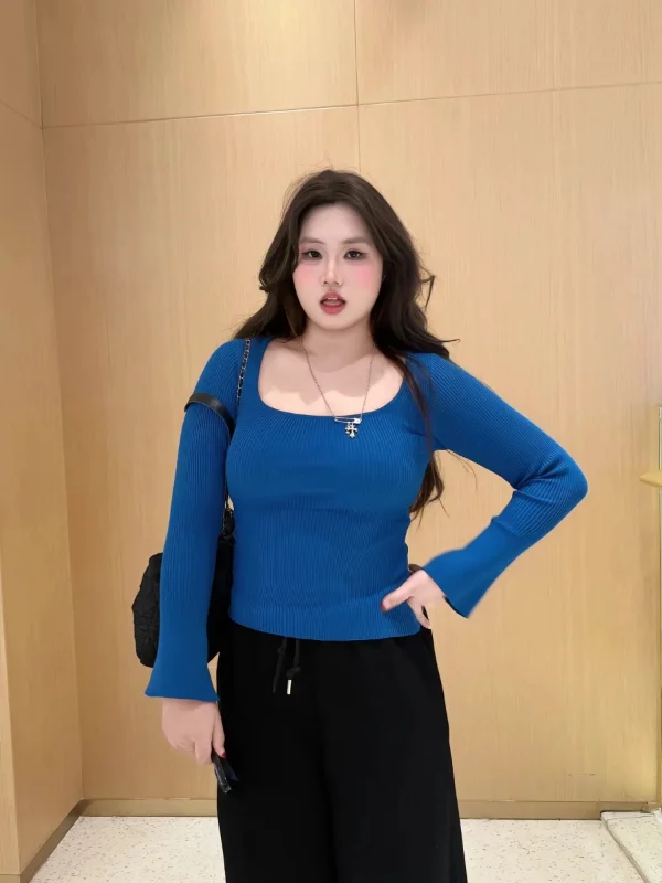 

Женская трикотажная футболка больших размеров с длинным рукавом и квадратным вырезом, базовая модель, осенне-зимний облегающий топ в корейском стиле, повседневная одежда