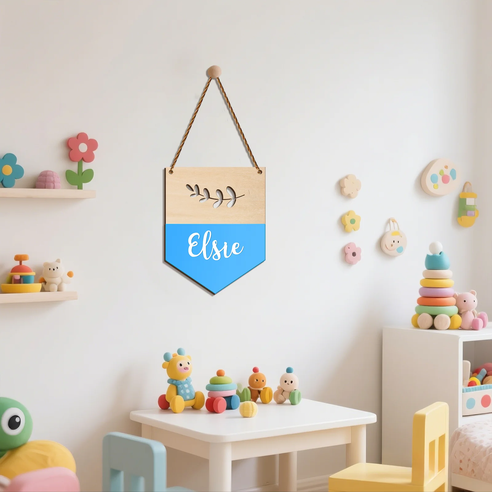 

Personalized Leaf Name Plaque - Wood & Acrylic Kids Room Decor, 19x15cm Custom Name Sign, Nursery Wall Hanging with Rope