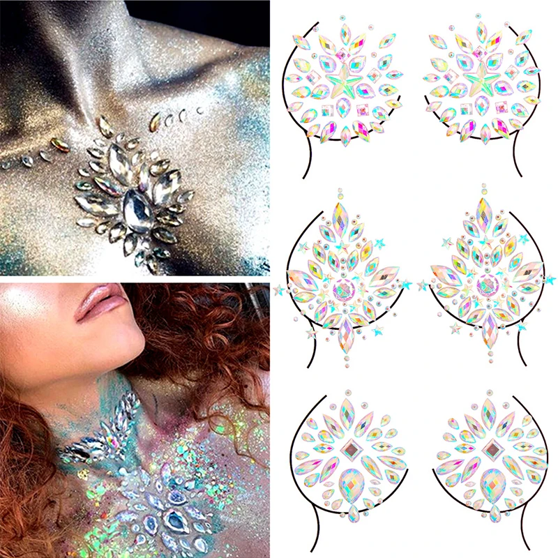 Breast Jewels Tattoo Rhinestone Chest Sticker Temporary Tattoo Glitter Breast Body Gems Tattoo Sticker Body Decor Jewel Paste