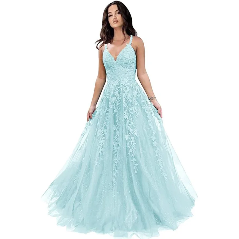 Customized A Line Spaghetti Straps Evening Dresses Appliques Tulle Prom Birthday Party Gowns Formal robes de soirée