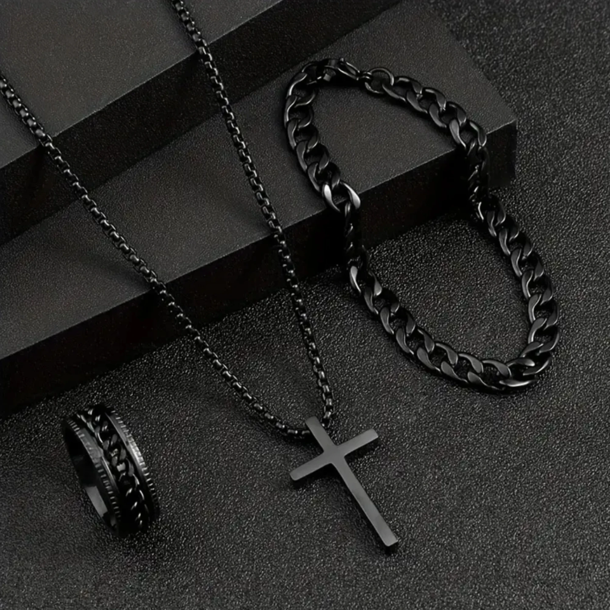 4-piece/set business men\'s watch, alloy strap, alloy bracelet, alloy ring, alloy cross necklace, perfect gift for him