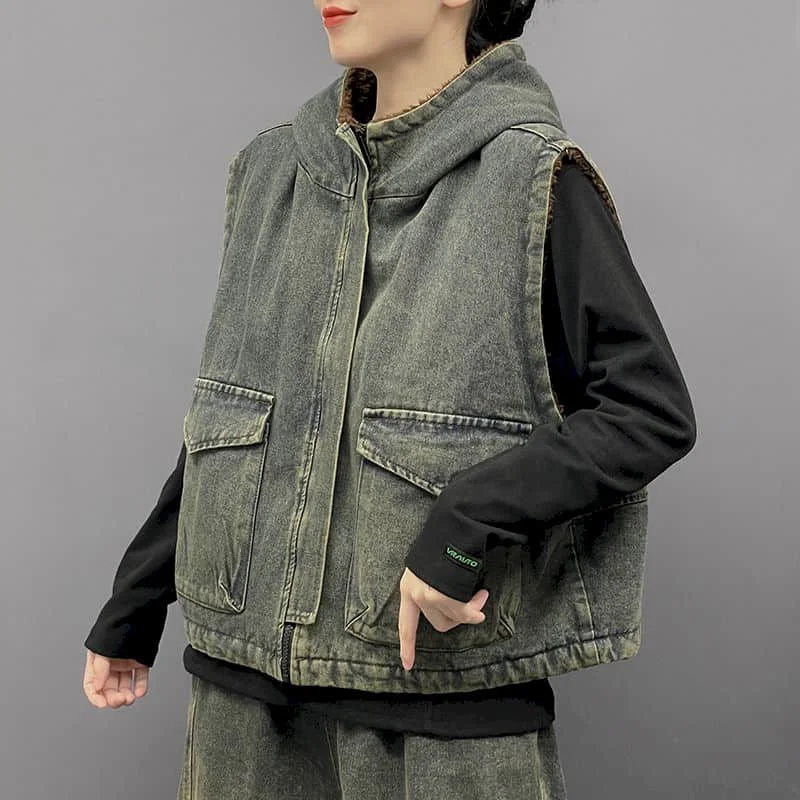 Denim Waistcoats for Women Vests Fleece Hooded Casual Sleeveless Cardigans Oversized Thickened Jackets Korean Style Women Tops