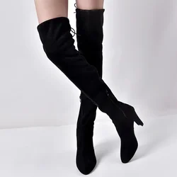 Botas Mujer Invierno In Over The Knee Women Boots Stretch Fabrics High Heel Slip on Shoes Pointed Toe Long Botte Femme 2024