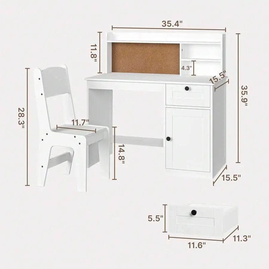 Asofer Kids Study Desk And Chair Set, Kids Study Desk With Hutch, Wooden Children Study Table With Storage Cabinet, Study Desk And Chair Set For Girls Boys,  White view 3