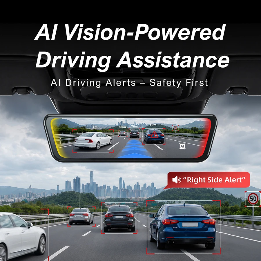 Universal Smart AI Streaming Rearview Mirror Full ADAS Rear-End Warning Lead Vehicle Blind Spot Monitoring Driving Alert System