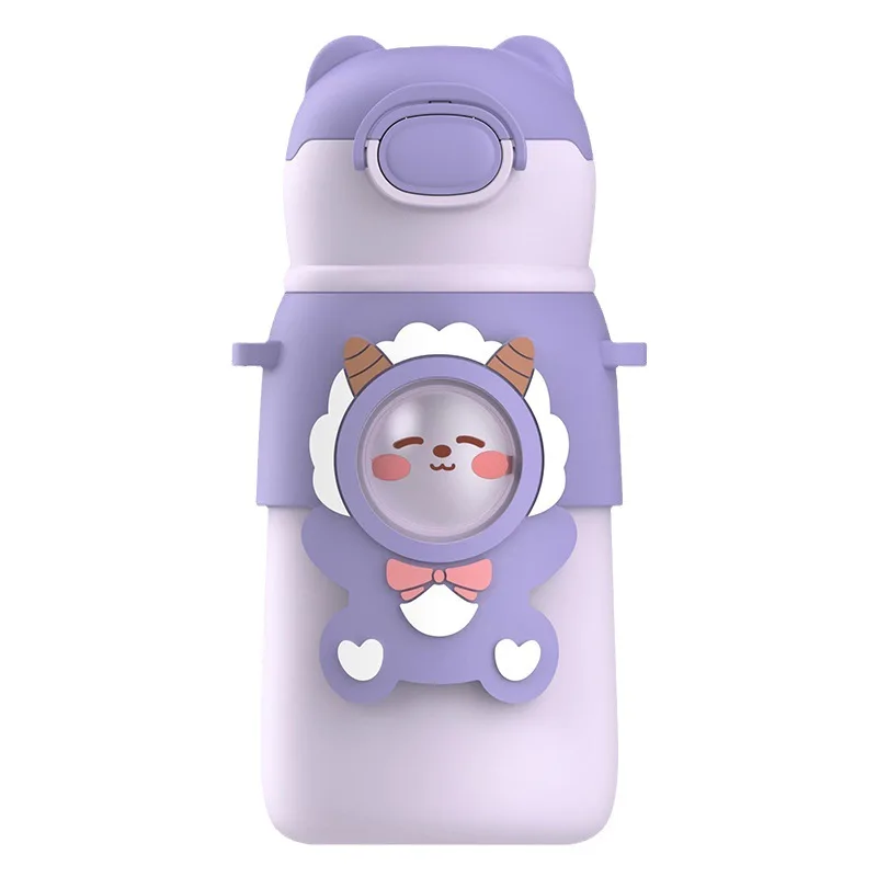 500ml Cute 3D Bear Rabbit Kids Insulated Water Bottle with Straw, Portable Stainless Steel Thermos with Strap view 5