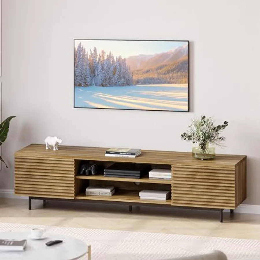 Fluted TV Stand for living room and bedroom, engineered wood in camel, modern design with cable management and storage