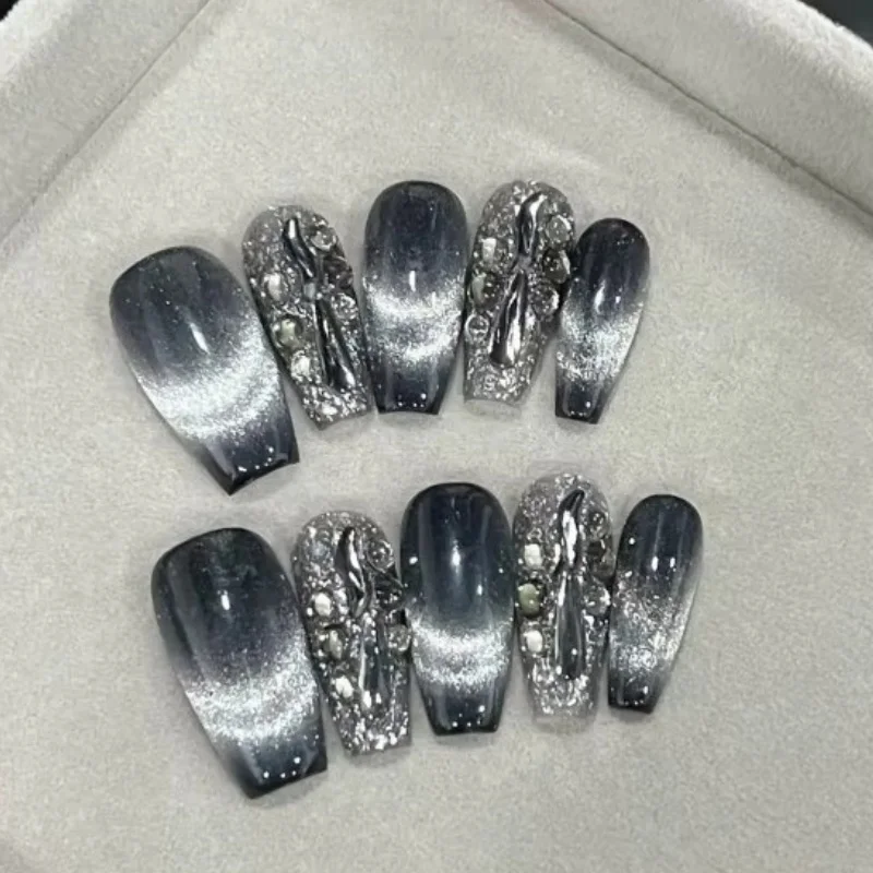 10pcs/Set Extra-Long Coffin Nails Gradient Black Cat Eye Rhinestone Detachable Press-On Manicure With Jelly Gel