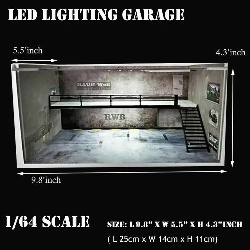 

1/64 Scale Diorama Model Double-deck Car Garage Model LED Lighting Car Parking Lot Backdrop Display Scene Model Toy