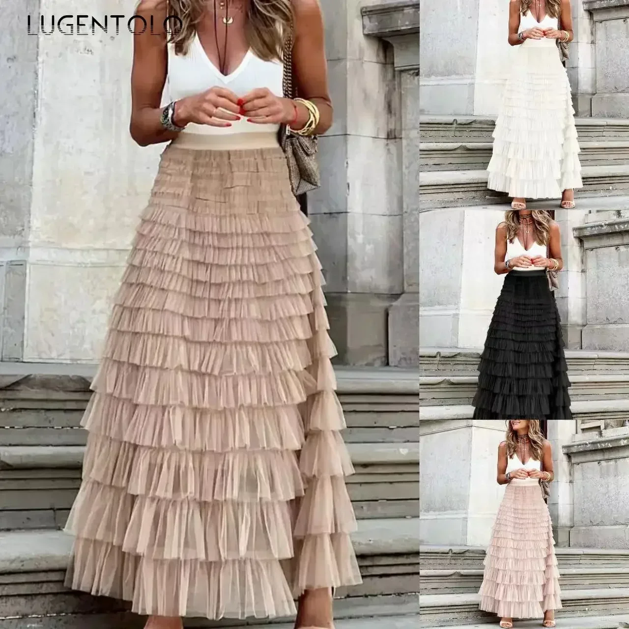 Women Mesh Cake Skirt Summer Fashion New Big Swing Female Elegant Solid Gauze Empire Elastic Waist Long Versatile Skirts 4XL