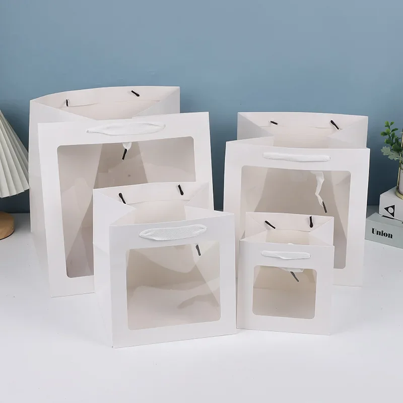 

5PCS Square Gift Bags with Window 5.9 Inch White Kraft Paper Gift Bags with Handles Party Favor Bags For Wedding Party