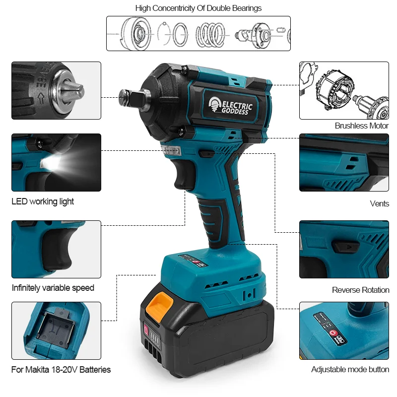 آلهة كهربائية بدون فرش 650N.m عزم الدوران مفتاح ربط كهربائي لاسلكي متعدد الوظائف لإصلاح السيارات لبطارية ماكيتا 18 فولت دبوس #3