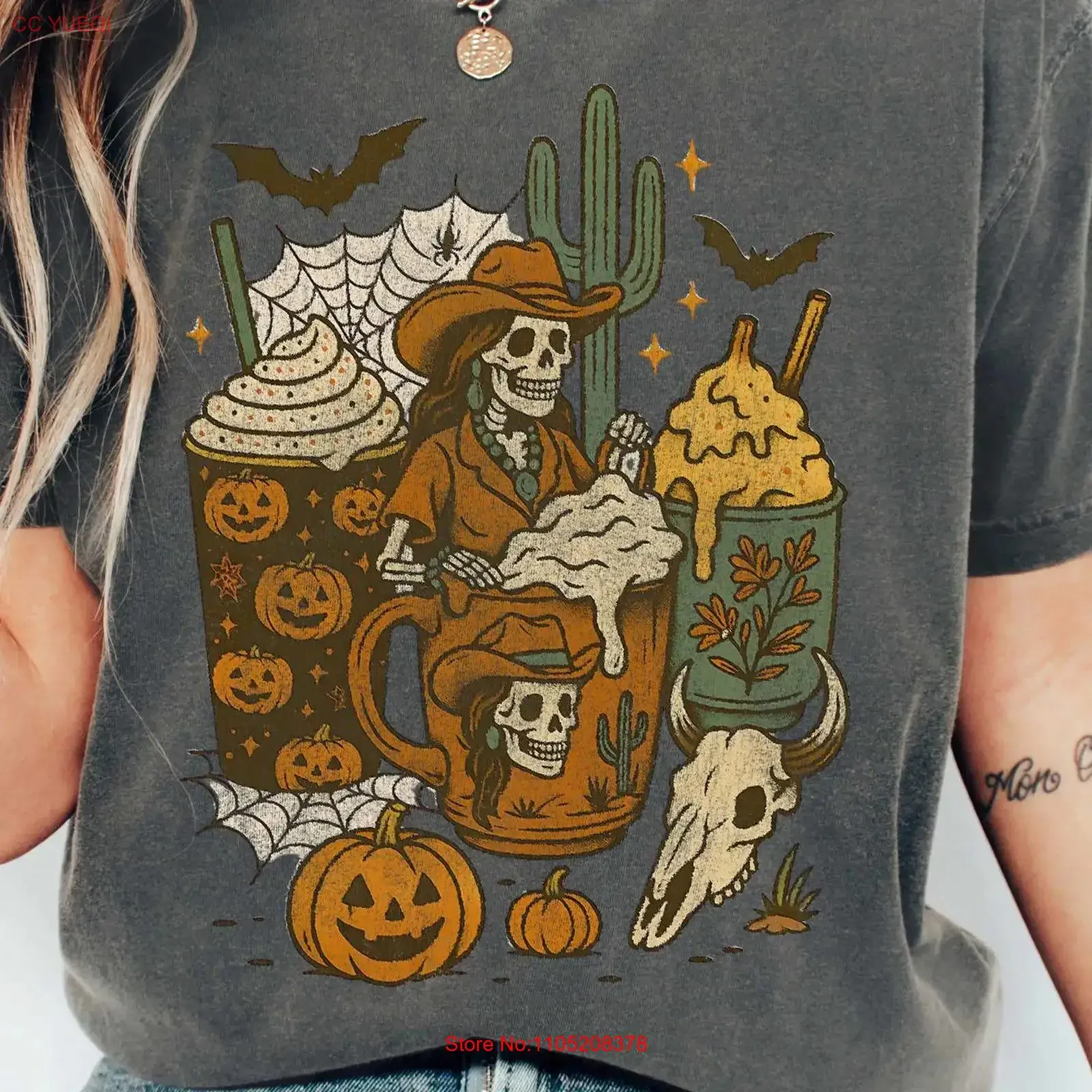 Pumpkin Spice Western Halloween T Shirt Spooky Cowgirl Skeleton Vintage Style vintage Washed Versatile streetwear graphic