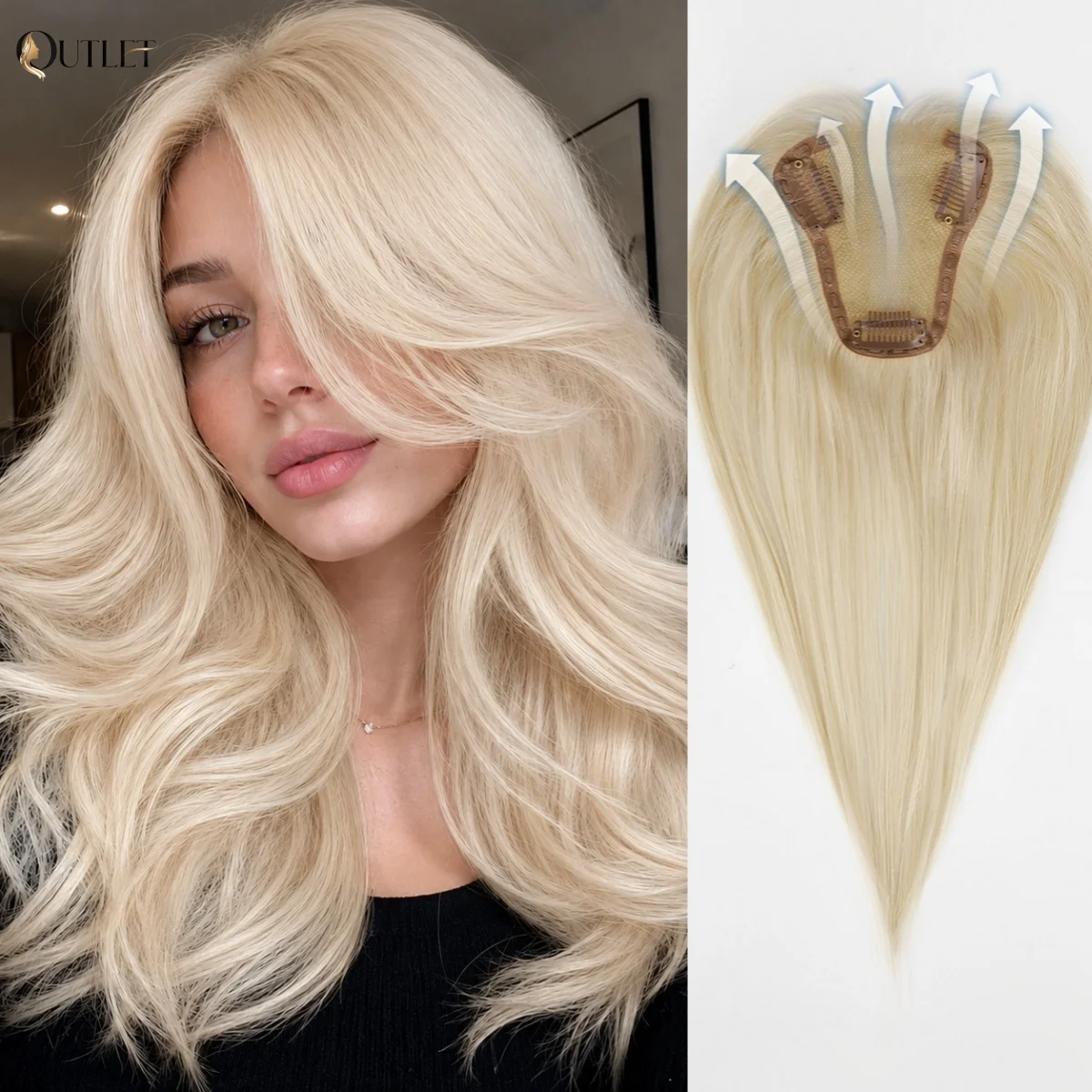 100% Remy Human Hair Lace Base Topper 12 Inch Straight Platinum Blonde Middle Part Clip In Hair Pieces for Women Thinning Hair