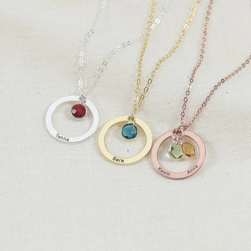 Birthstone Charms Necklace for Women Personalized Stainless Steel Custom Carving 1-3 Name Round Pendant Choker Gold Jewelry Gift