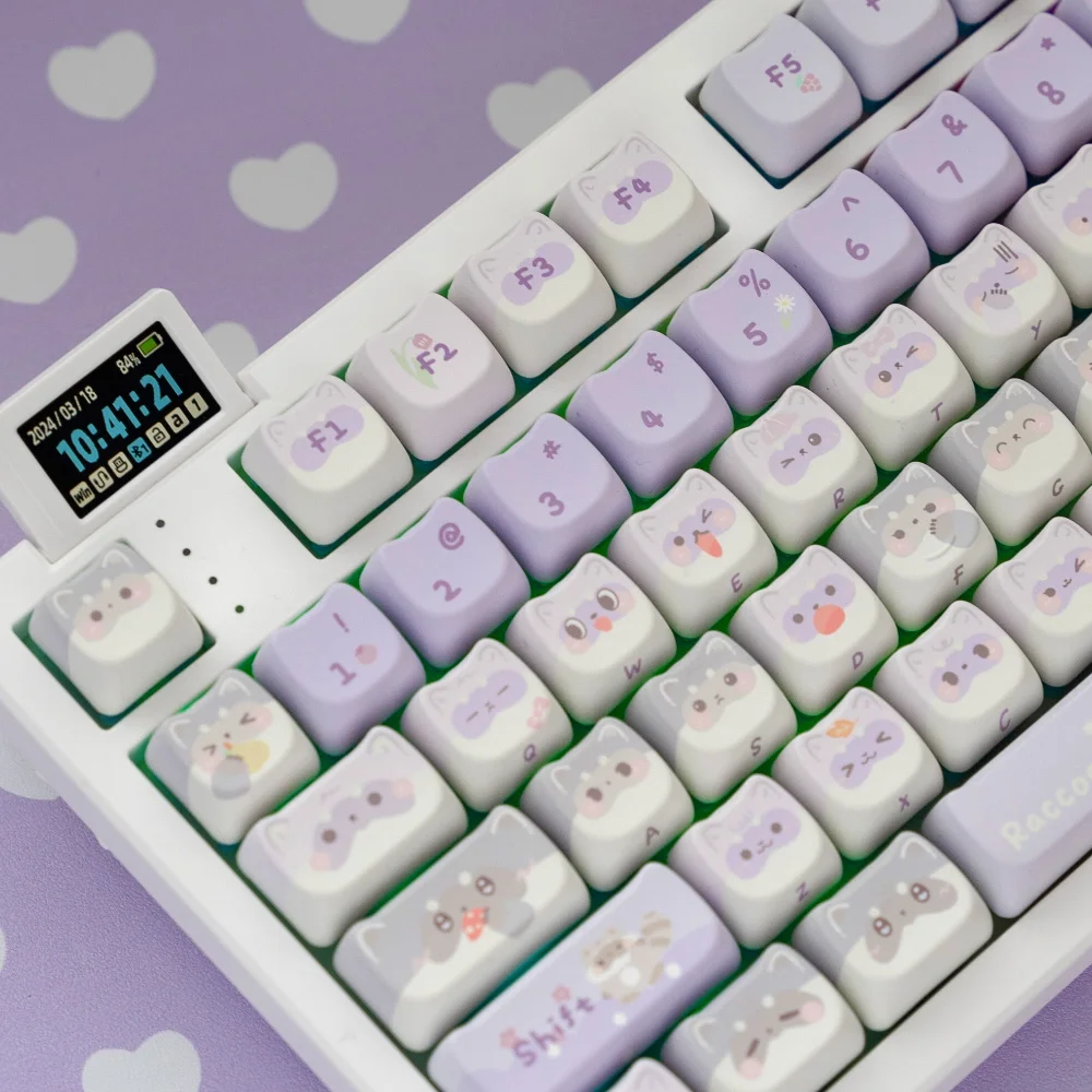 141 klawiszy Raccoon Team Cute Cat Head Keycaps MAO Profile PBT Thermal Sublimation Mechanical Keyboard Caps Lilac Purple Meow Keycap