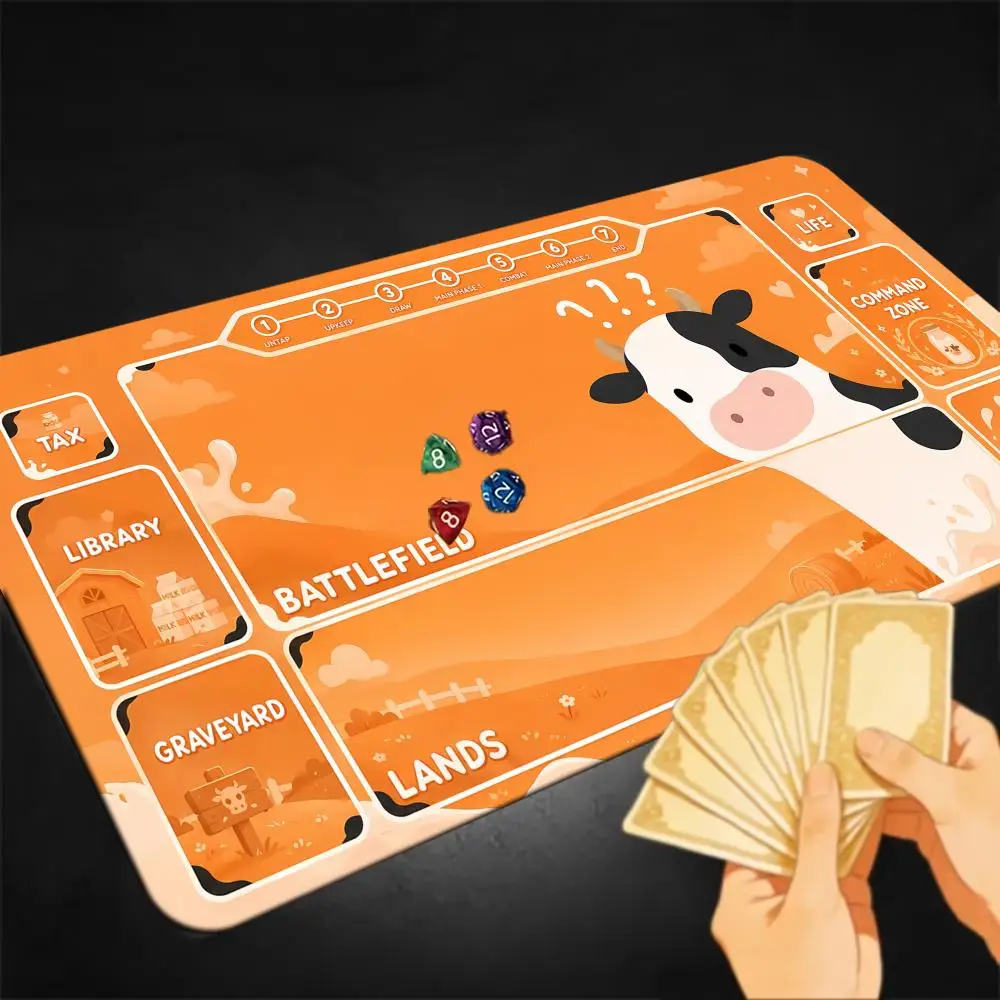 Confused Cow Farm MTG Zoned TCG Playmat Orange Cute Battlefield Library Graveyard Premium Rubber Large Gaming Desk Mat Funny