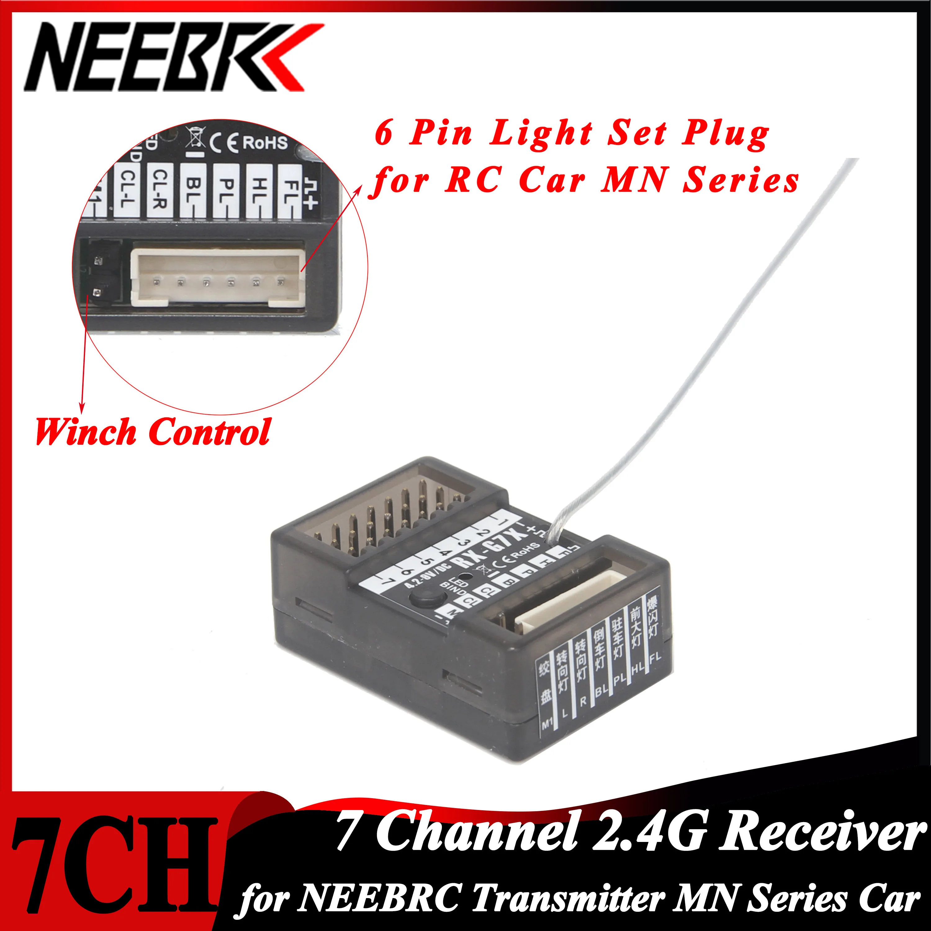 

NEEBRC 7CH 2.4G Winch Controller MN Light Control Receiver for RC Car Crawler MN78 MN99S MN82 MN128 MN168 NEEBRC Transmitter