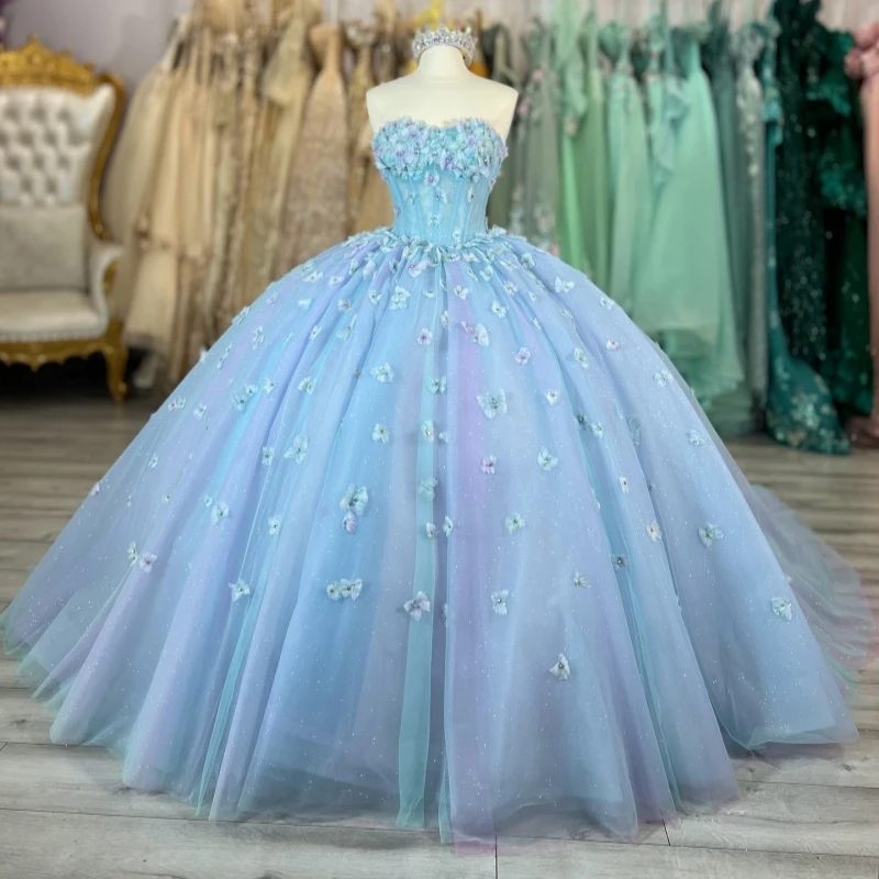 

Голубое блестящее бальное платье Quinceanera Платья с открытыми плечами Цветочные бусины Лавандовая подкладка Вечеринка на день рождения Милое платье 16.