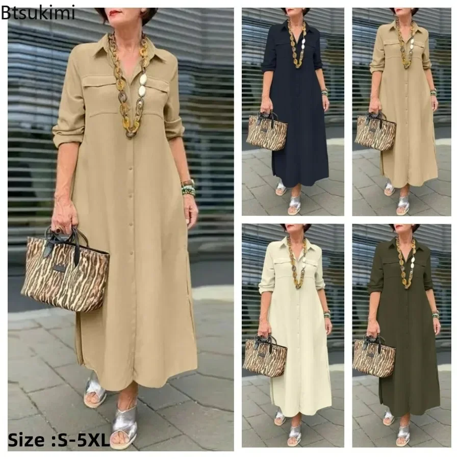 2025 Women\'s Elegant Long Dress Solid Oversized Button Polo Neck Casual Long Sleeve Dress Cotton Linen Single Breasted Robe 5XL