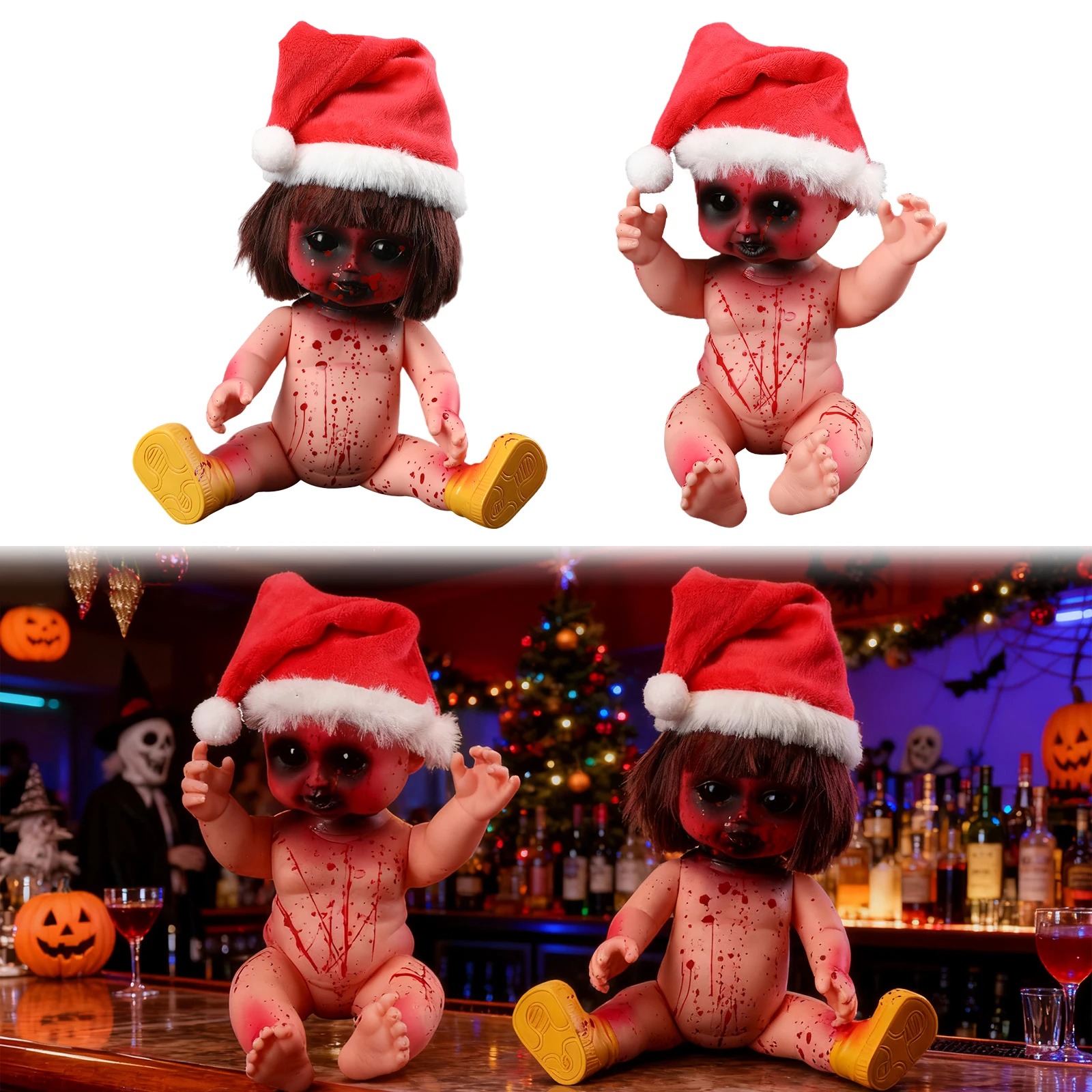 

2pcs Halloween Creepy Dolls 10 inch Bloody Haunted Doll Hanging Zombie Dolls with Rope Christmas Scary Horror Haunted House Prop