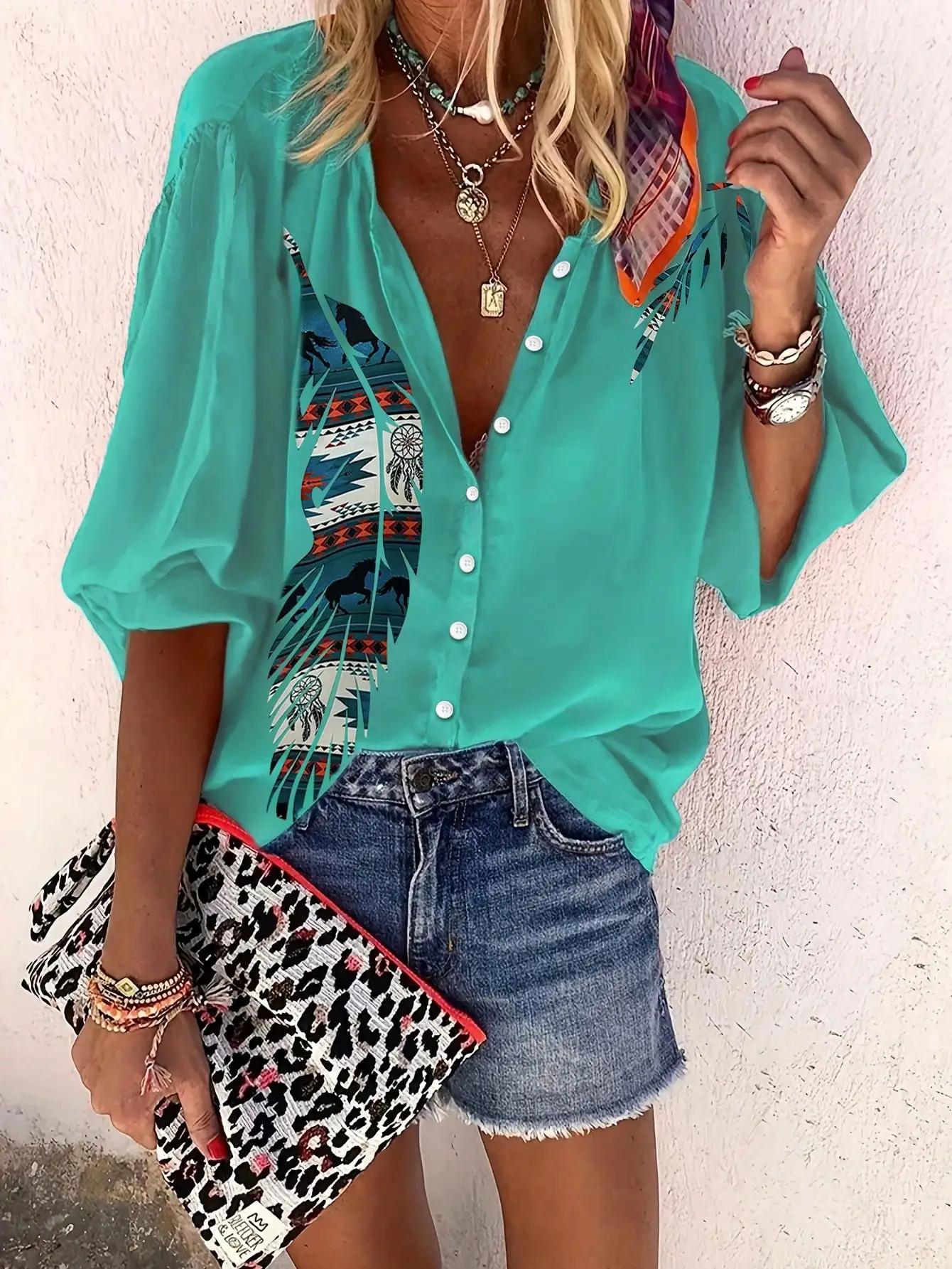 

Women's Ethnic-Style Floral Print Shirt — Casual 3/4-Sleeve Blouse