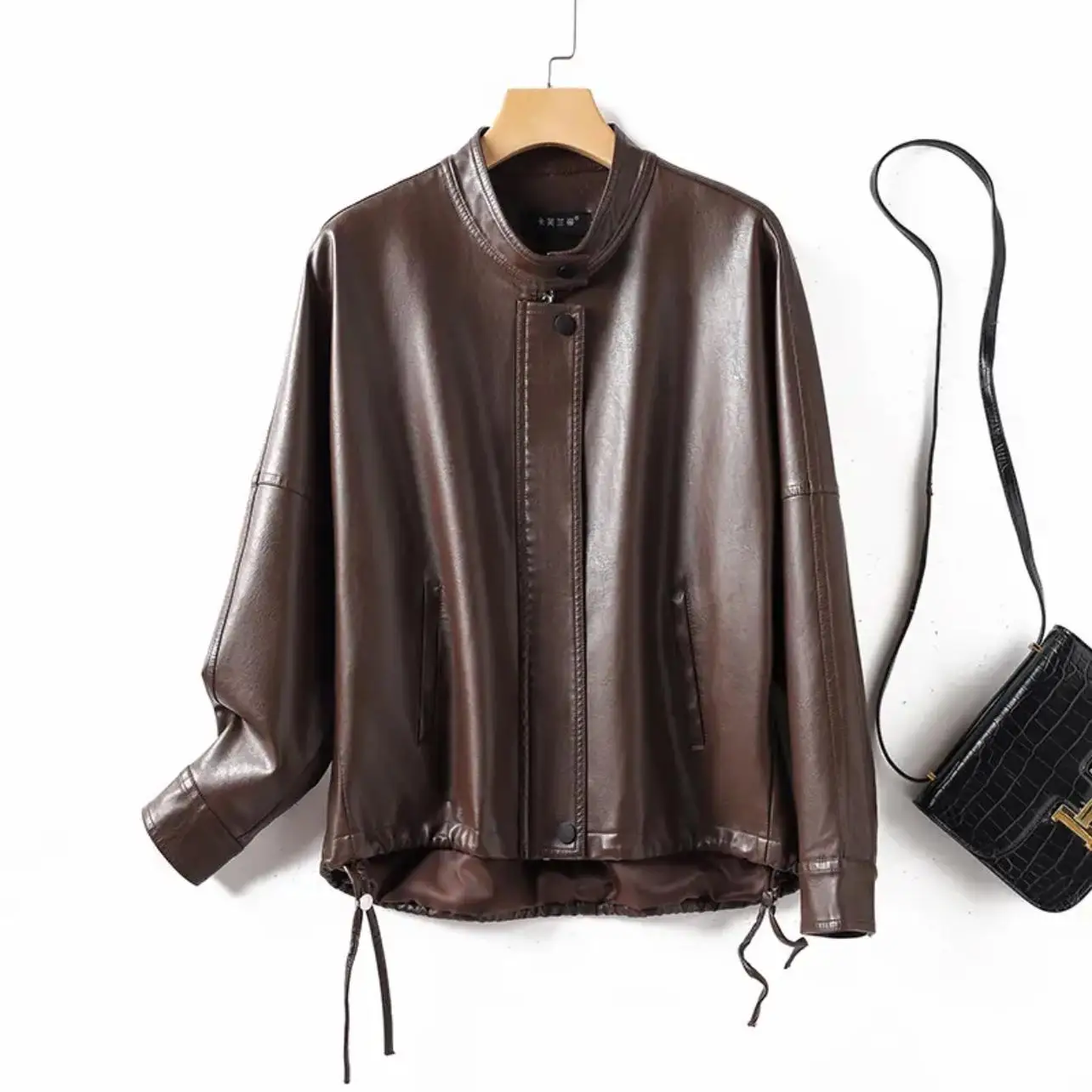 

Модная короткая кожаная куртка женская, весна 2025, повседневная, свободного кроя, с воротником-стойкой, для поездок на работу, с длинными рукавами