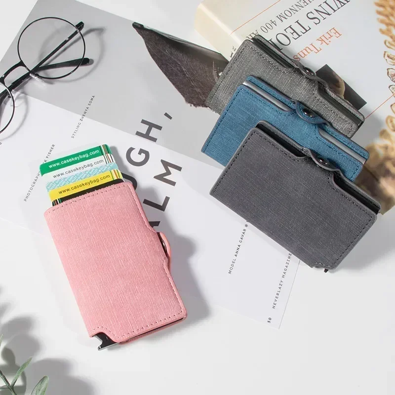 ID Credit Card Holder Men RFID Anti-theft Card Swipe Aluminum Box Mini PU Denim Wallet Portable Multi-function Card Holder