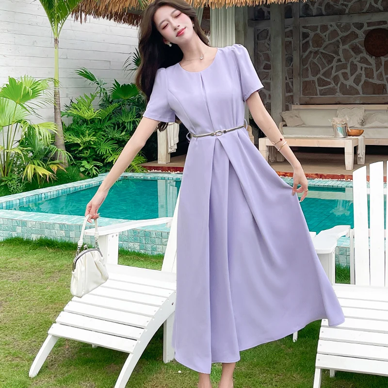 ภาษาฝรั่งเศสคําอารมณ์Elegant Lady Office Work Partyชุดผู้หญิงฤดูร้อนO-คอพัฟแขนสั้นSlimเข็มขัดA-Line Dresses