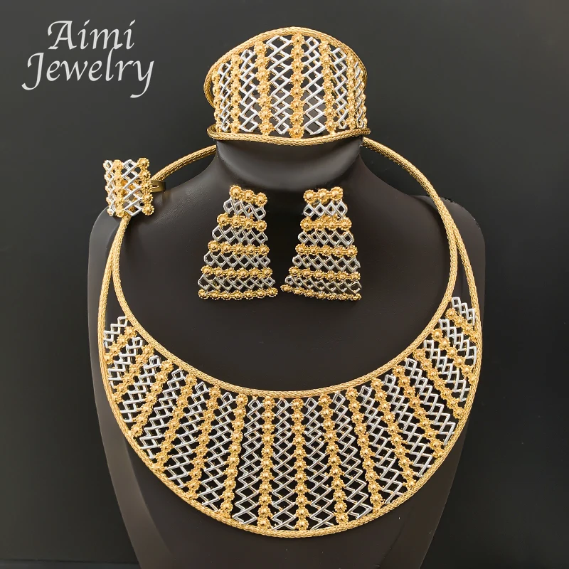 

Textured Exaggerated 4Pcs Jewelry Set for Women Chunky Choker Necklace Earring Bracelet Ring African Bridal Wedding Party Gifts