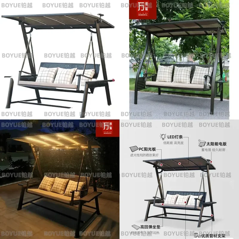 Outdoor Hanging Swing Chair Double Triple Seater Patio Garden Balcony Rocking Hammock with Solar Light for Backyard